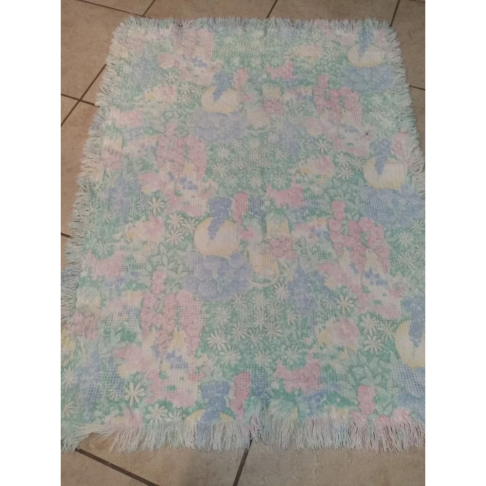 Vintage Pastel Floral Woven Tapestry Throw Blanket Fringed Cottagecore